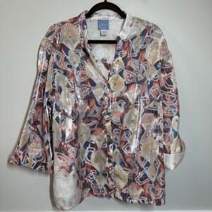 Lark Lane 16W Abstract Metallic Sheer Tunic Blouse Roll Tab Sleeve Boho Top